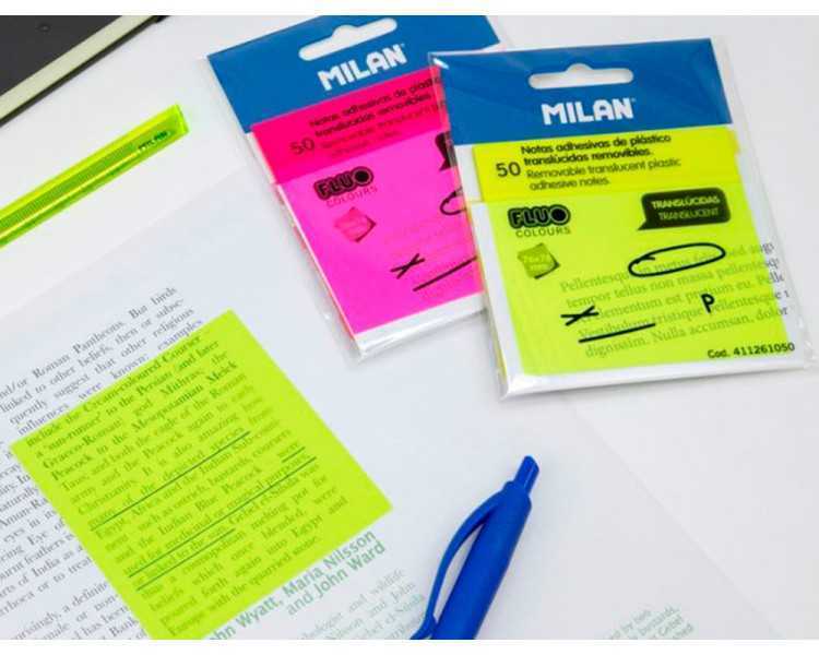 Bloc de notas adhesivas quita y pon milan 76x76 mm removible plastico translucido amarillo fluor 50 hojas
