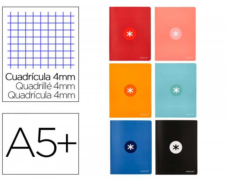 Libreta antartik a5+ plus cosida 48 hojas 90g/m2 cuadro 4mm con margen 6 colores surtidos