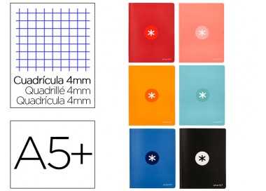 Libreta antartik a5+ plus cosida 48 hojas 90g/m2 cuadro 4mm con margen 6 colores surtidos