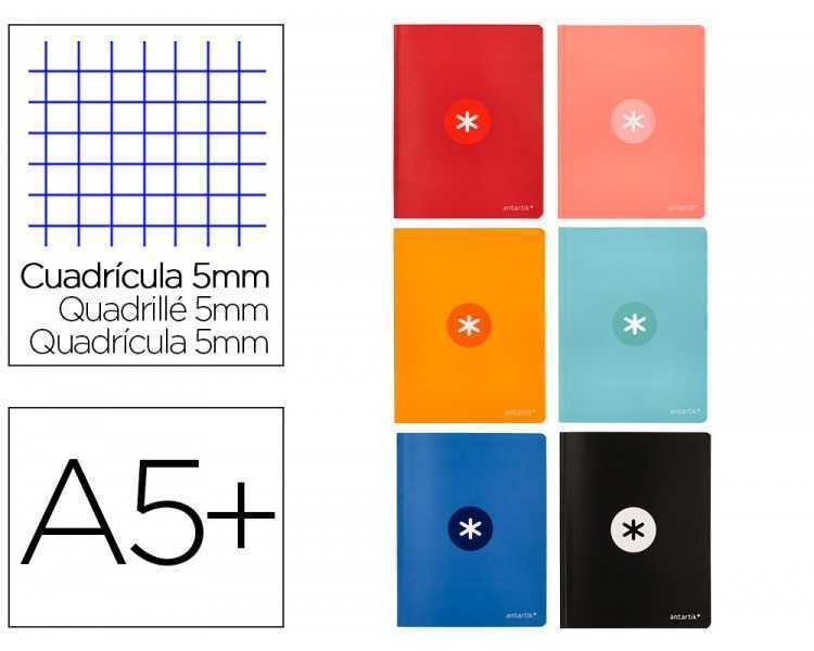 Libreta antartik a5+ plus cosida 48 hojas 90g/m2 cuadro 5mm con margen 6 colores surtidos