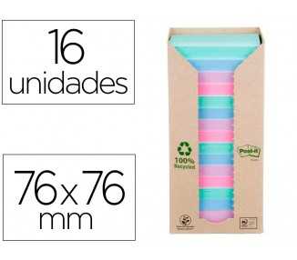 Bloc de notas adhesivas quita y pon post-it 76x76 mm 100% reciclado pefc en torre pack de 16 unidades colores