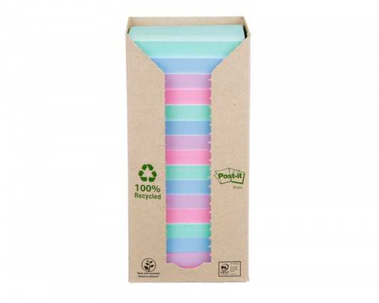 Bloc de notas adhesivas quita y pon post-it 76x76 mm 100% reciclado pefc en torre pack de 16 unidades colores