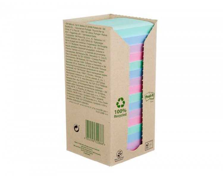 Bloc de notas adhesivas quita y pon post-it 76x76 mm 100% reciclado pefc en torre pack de 16 unidades colores