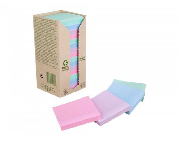Bloc de notas adhesivas quita y pon post-it 76x76 mm 100% reciclado pefc en torre pack de 16 unidades colores
