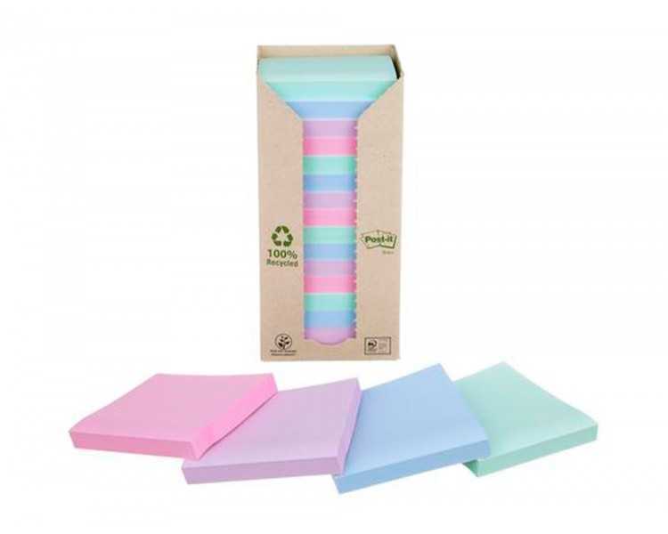 Bloc de notas adhesivas quita y pon post-it 76x76 mm 100% reciclado pefc en torre pack de 16 unidades colores