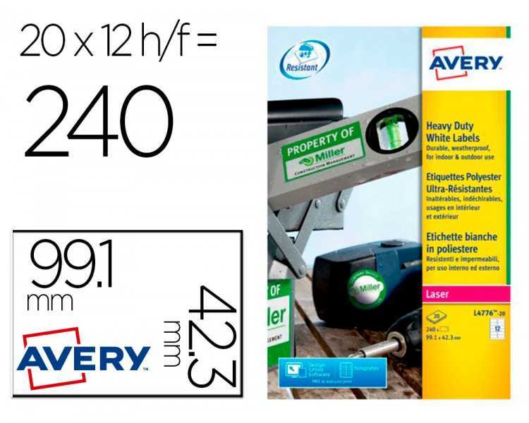 Etiqueta adhesiva resistente avery poliester blanco laser 99,1x42,3 mm caja de 240 unidades