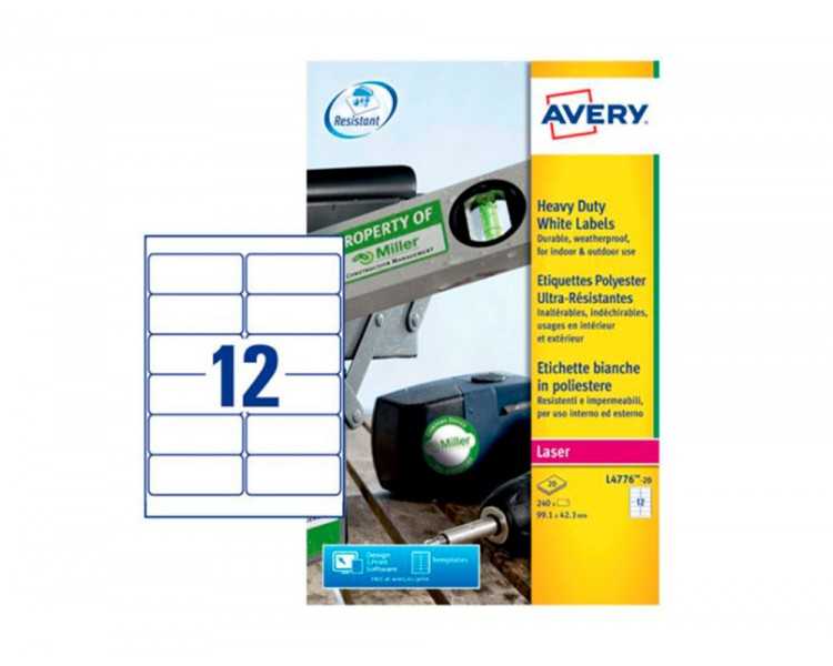 Etiqueta adhesiva resistente avery poliester blanco laser 99,1x42,3 mm caja de 240 unidades