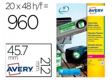 Etiqueta adhesiva resistente avery poliester blanco laser 45,7x21,2 mm caja de 960 unidades