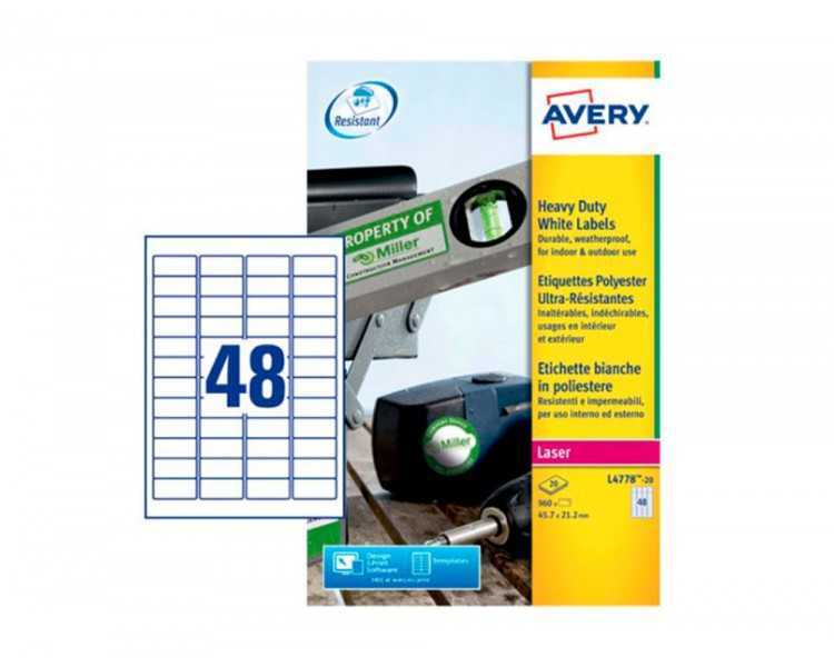Etiqueta adhesiva resistente avery poliester blanco laser 45,7x21,2 mm caja de 960 unidades