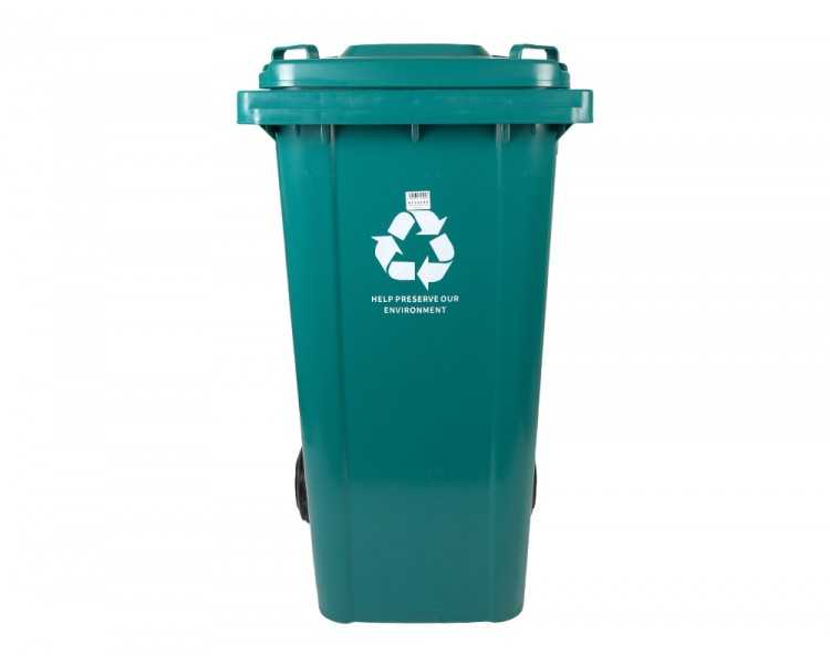 Papelera contenedor q-connect plastico con tapadera y ruedas 240 litros verde 1040x620x610 mm