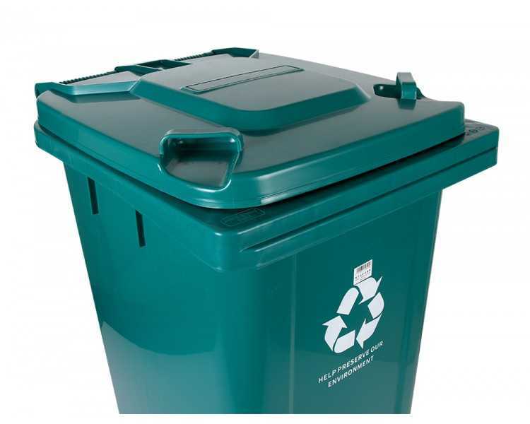 Papelera contenedor q-connect plastico con tapadera y ruedas 240 litros verde 1040x620x610 mm