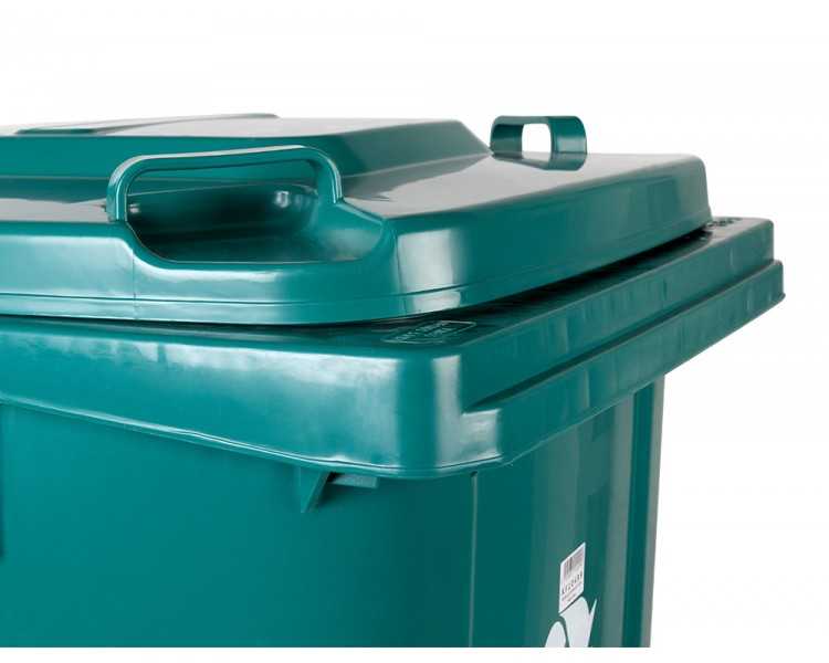 Papelera contenedor q-connect plastico con tapadera y ruedas 240 litros verde 1040x620x610 mm