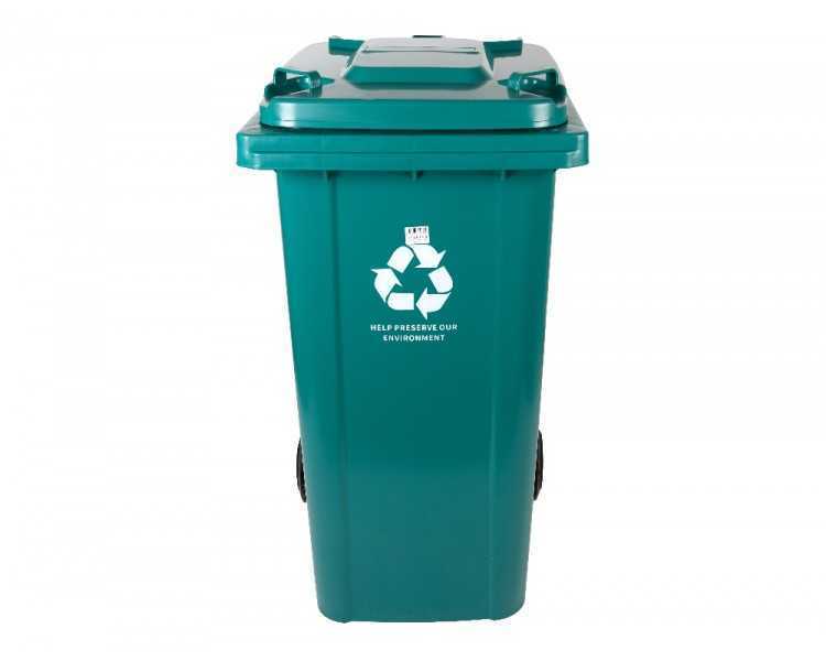 Papelera contenedor q-connect plastico con tapadera y ruedas 240 litros verde 1040x620x610 mm