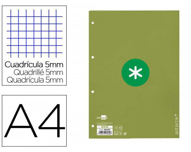 Recambio a4 antartik 80 hojas 90g/m2 cuadro 5mm 4 taladros 1 banda con marco color verde