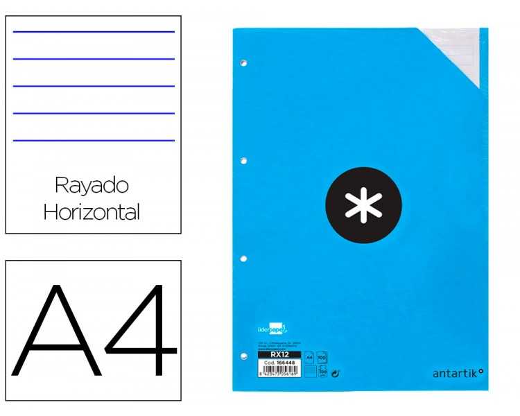 Recambio a4 100 hojas 100g/m2 rayado horizontal 4 taladros bandas de 5 colores antartik