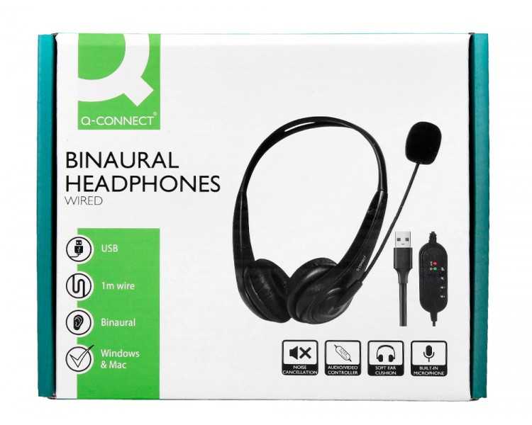 Auricular q-connect biaural diadema con microfono y control de volumen conexion usb cable de 2m color negro