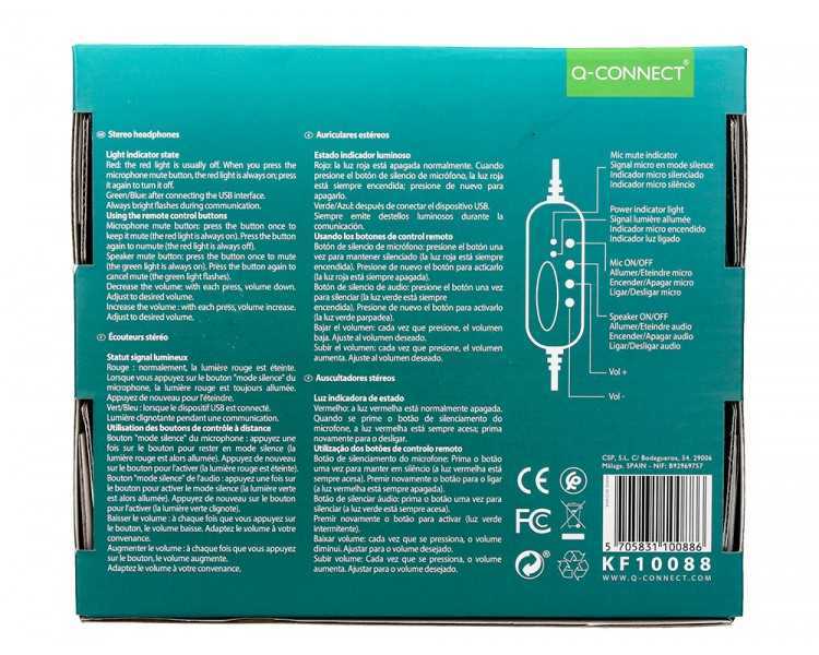 Auricular q-connect biaural diadema con microfono y control de volumen conexion usb cable de 2m color negro