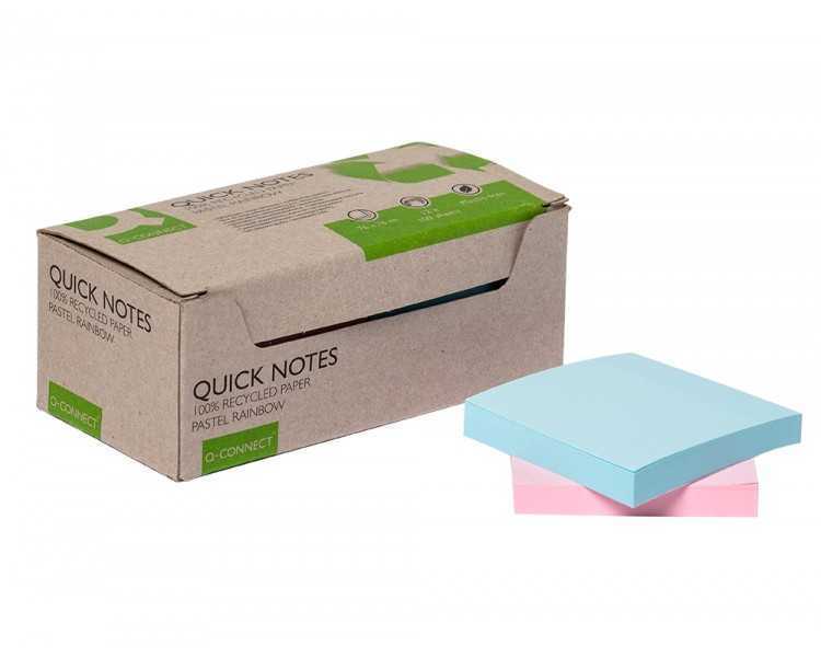 Bloc de notas adhesivas quita y pon q-connect 76x76 mm 100% papel reciclado colores pasteles en caja de carton