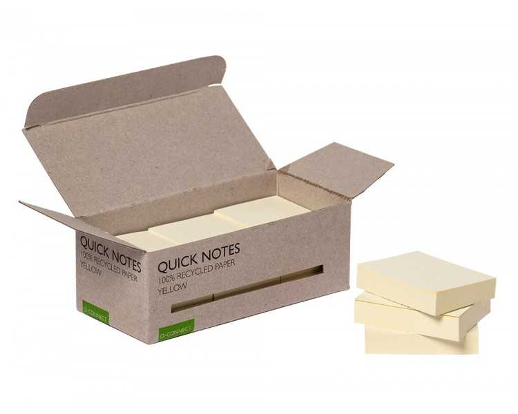 Bloc de notas adhesivas quita y pon q-connect 38x51 mm 100% papel reciclado amarillo en caja de carton