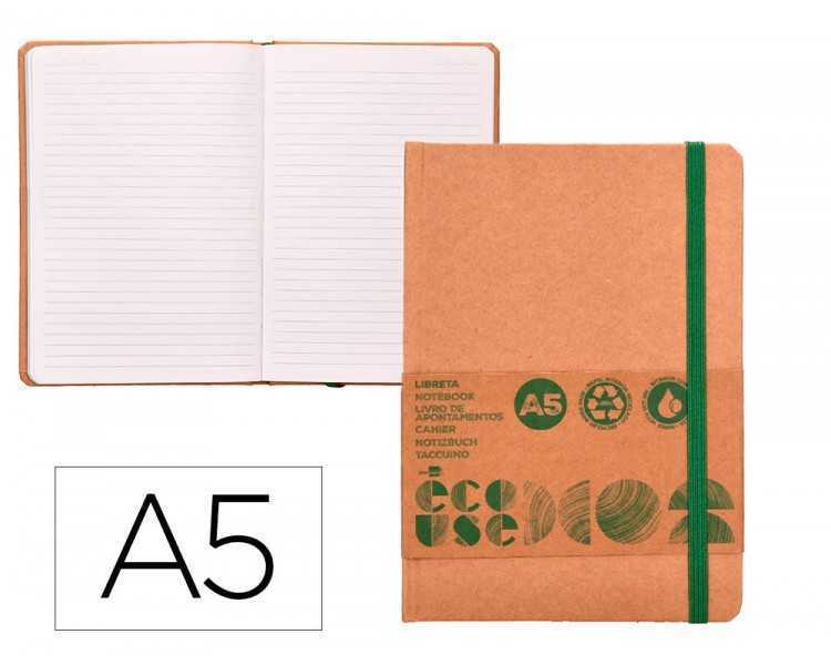 Libreta liderpapel ecouse 100% reciclada a5 96 hojas 70g/m2 horizontal con gomilla y marca paginas