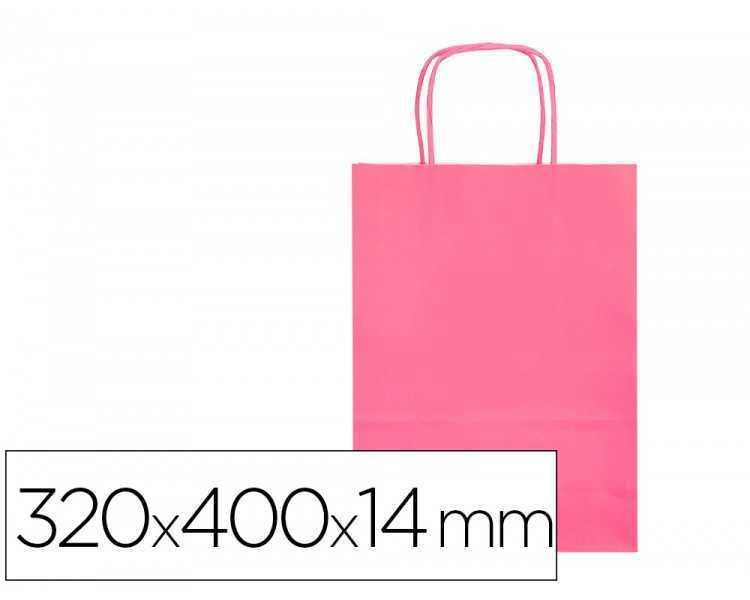 Bolsa papel q-connect celulosa rosa l con asa retorcida 320x400x14 mm