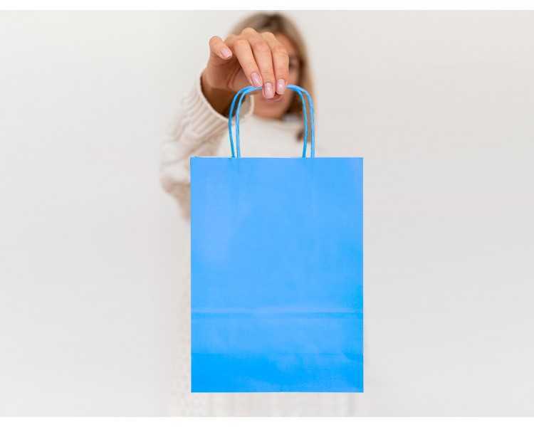 Bolsa papel q-connect celulosa celeste m con asa retorcida 270x370x12 mm