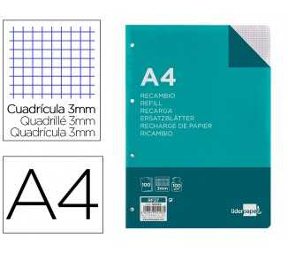 Recambio liderpapel a4 100 hojas 100g/m2 cuadro 3mm con margen 4 taladros