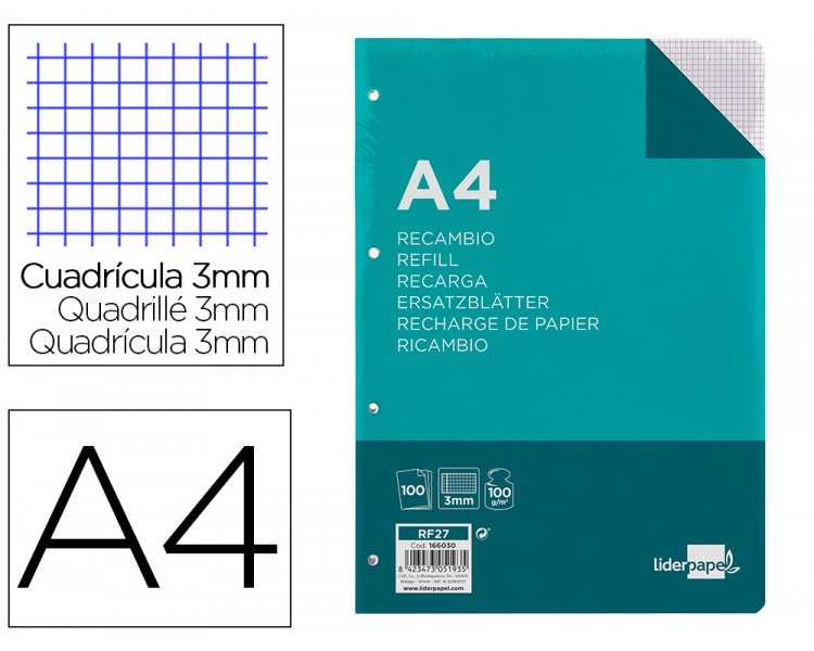 Recambio liderpapel a4 100 hojas 100g/m2 cuadro 3mm con margen 4 taladros