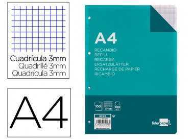 Recambio liderpapel a4 100 hojas 100g/m2 cuadro 3mm con margen 4 taladros