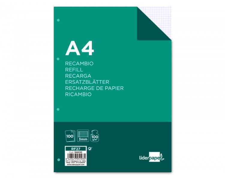 Recambio liderpapel a4 100 hojas 100g/m2 cuadro 3mm con margen 4 taladros