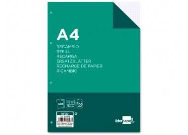 Recambio liderpapel a4 100 hojas 100g/m2 cuadro 3mm con margen 4 taladros Recambio liderpapel a4 100 hojas 100g/m2 cuadro 3mm con margen 4 taladros