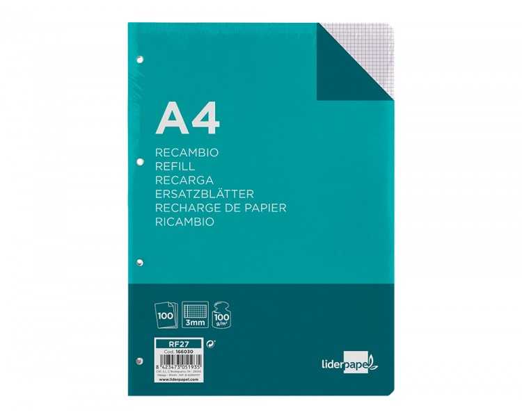 Recambio liderpapel a4 100 hojas 100g/m2 cuadro 3mm con margen 4 taladros