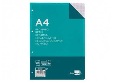 Recambio liderpapel a4 100 hojas 100g/m2 cuadro 3mm con margen 4 taladros Recambio liderpapel a4 100 hojas 100g/m2 cuadro 3mm con margen 4 taladros