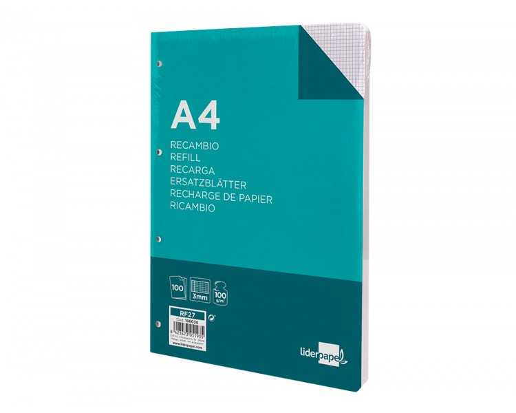 Recambio liderpapel a4 100 hojas 100g/m2 cuadro 3mm con margen 4 taladros