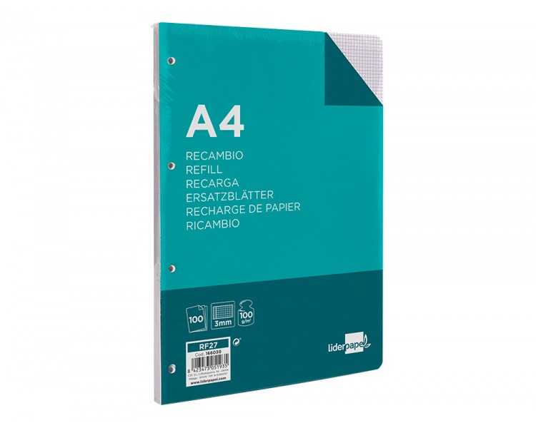 Recambio liderpapel a4 100 hojas 100g/m2 cuadro 3mm con margen 4 taladros