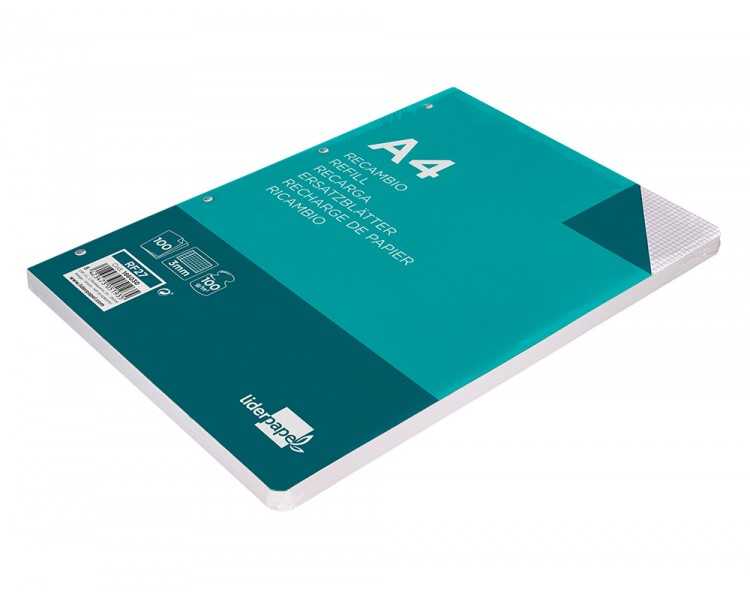 Recambio liderpapel a4 100 hojas 100g/m2 cuadro 3mm con margen 4 taladros