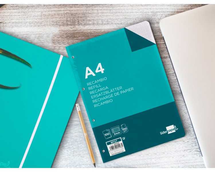 Recambio liderpapel a4 100 hojas 100g/m2 cuadro 3mm con margen 4 taladros
