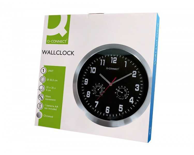 Reloj q-connect de pared metalico redondo 35,5 cm movimiento silencioso color cromado con esfera negra