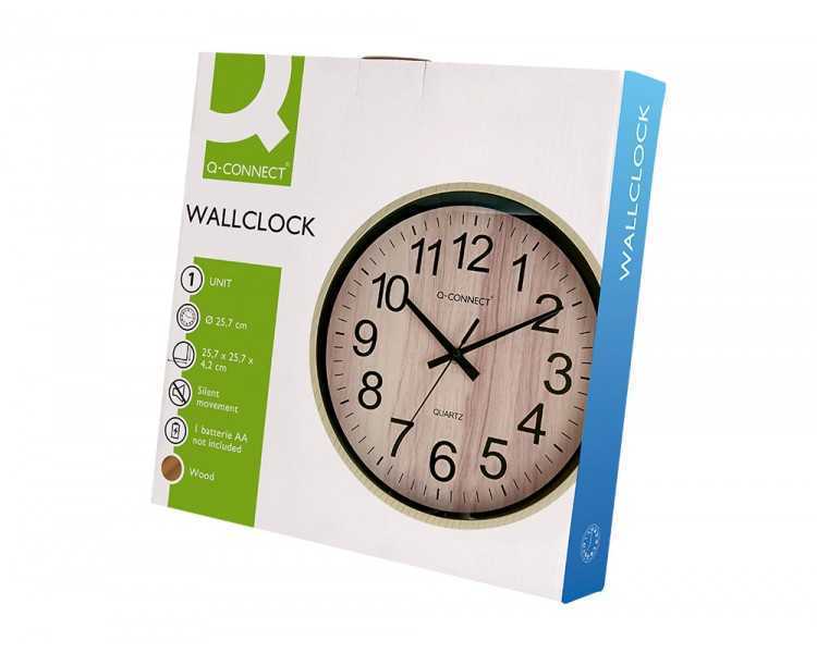 Reloj q-connect de pared de plastico redondo 25,7 cm movimiento silencioso color madera natural