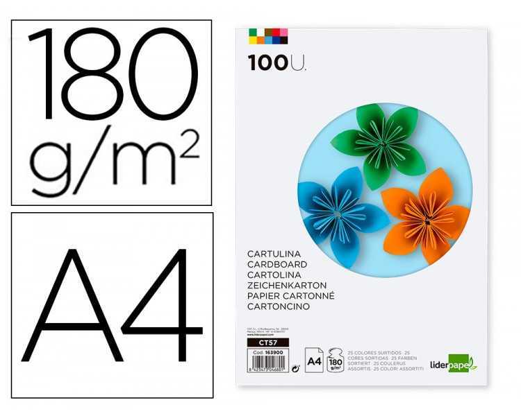 Cartulina liderpapel a4 180g/m2 25 colores surtidos paquete de 100 hojas