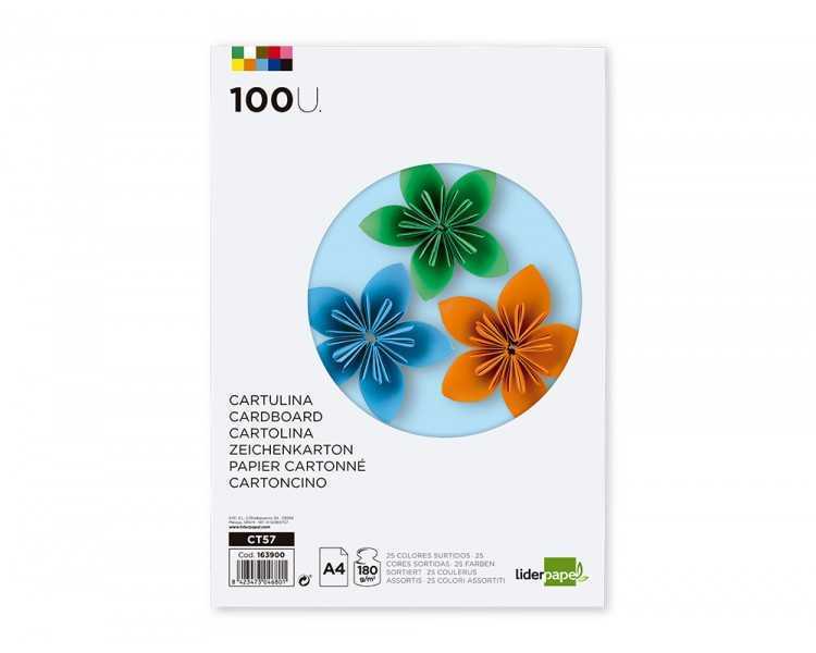 Cartulina liderpapel a4 180g/m2 25 colores surtidos paquete de 100 hojas