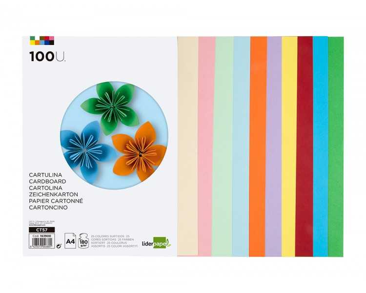 Cartulina liderpapel a4 180g/m2 25 colores surtidos paquete de 100 hojas