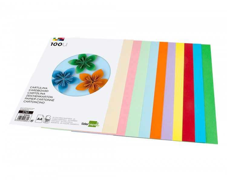 Cartulina liderpapel a4 180g/m2 25 colores surtidos paquete de 100 hojas