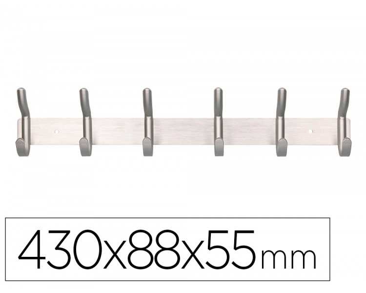 Perchero liderpapel pared metalico 6 colgadores color plata mate 430x88x55 mm