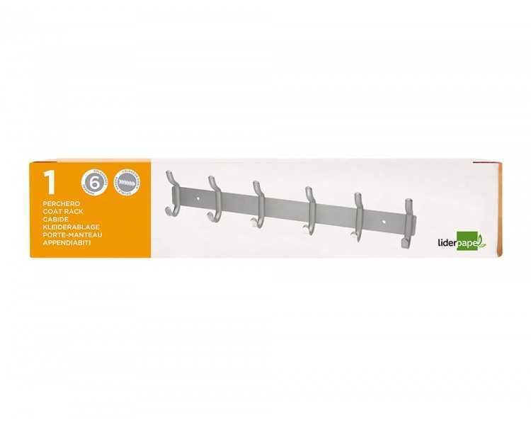 Perchero liderpapel pared metalico 6 colgadores color plata mate 430x88x55 mm