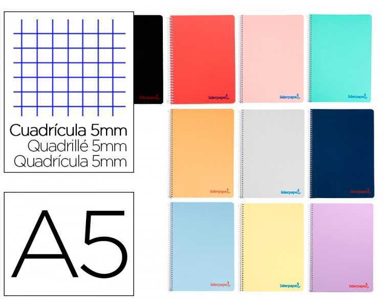 Cuaderno espiral liderpapel a5 wonder tapa plastico 80h 90gr cuadro 5mm con margen colores surtidos