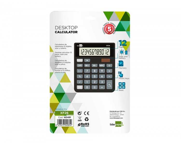 Calculadora liderpapel sobremesa xf26 12 digitos solar y pilas 127x105x24 mm color negro