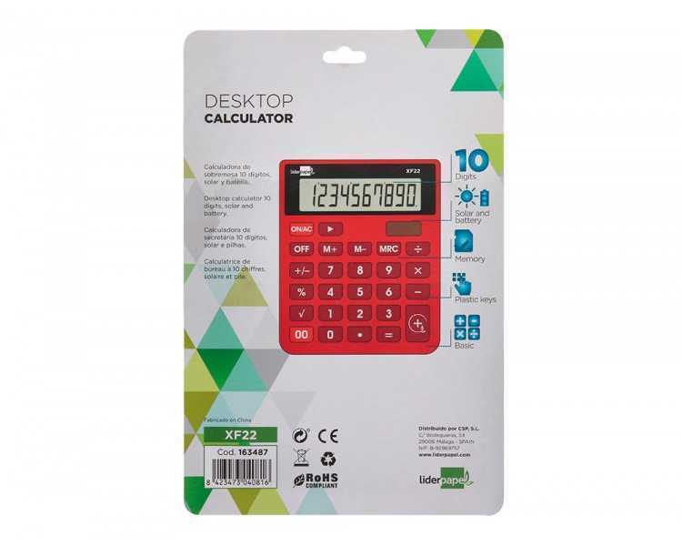 Calculadora liderpapel sobremesa xf22 10 digitos solar y pilas color rojo 127x105x24 mm