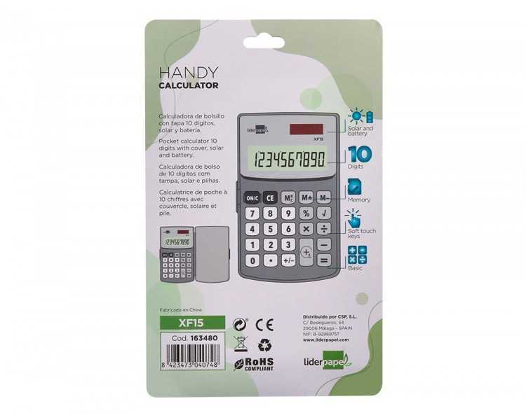 Calculadora liderpapel bolsillo xf15 10 digitos con tapa solar y pilas color gris 123x75x12 mm