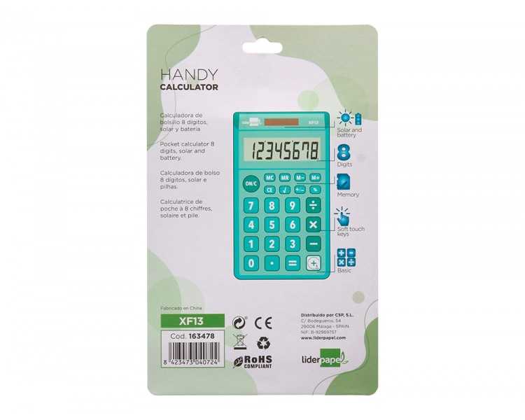 Calculadora liderpapel bolsillo xf13 8 digitos solar y pilas color verde 115x65x8 mm